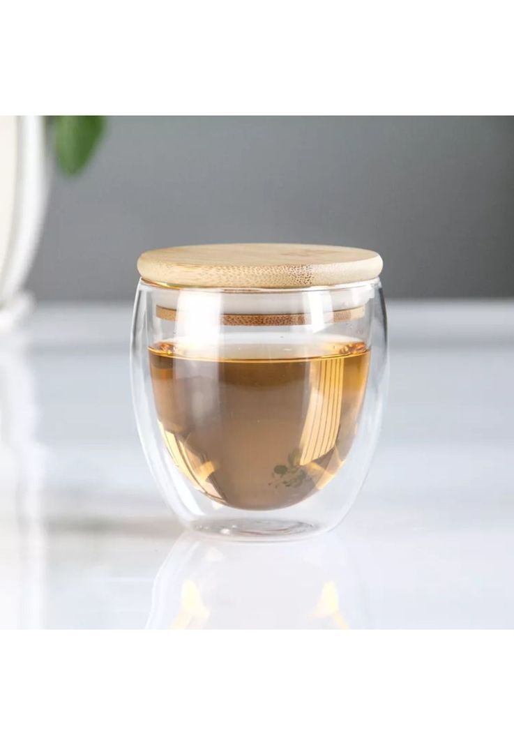 Vaso MUG Vidrio Doble Capa Tapa Bambú 260 ML-3