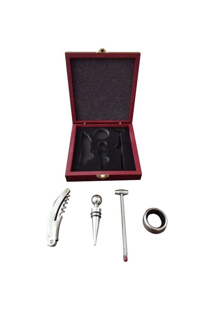 Set Vino 4 Accesorios En Caja Madera-2