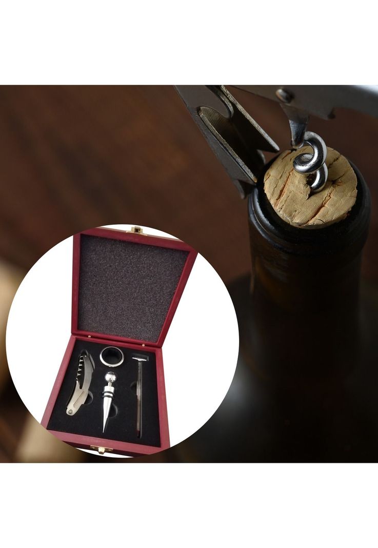 Set Vino 4 Accesorios En Caja Madera-4