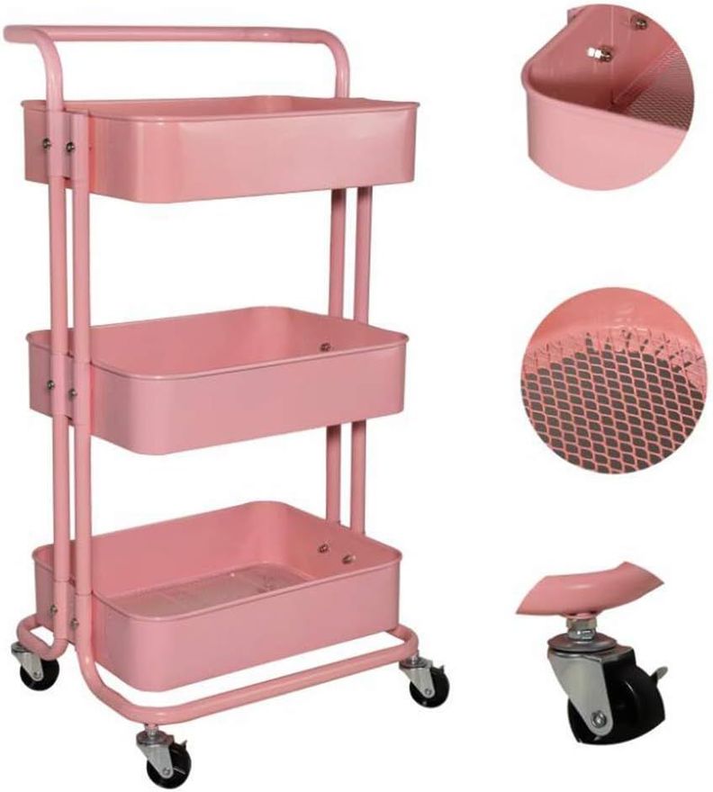 Carrito organizador con ruedas de metal de 3niveles con asa color rosa-0