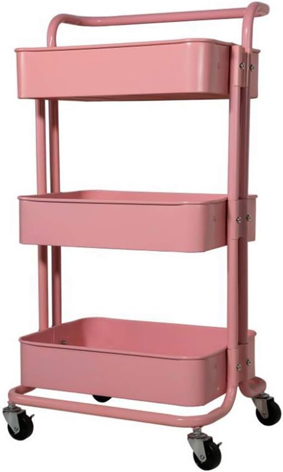 Carrito organizador con ruedas de metal de 3niveles con asa color rosa-2