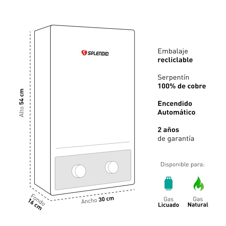 Calefont 8 litros Gas licuado Tiro natural Splendid-5