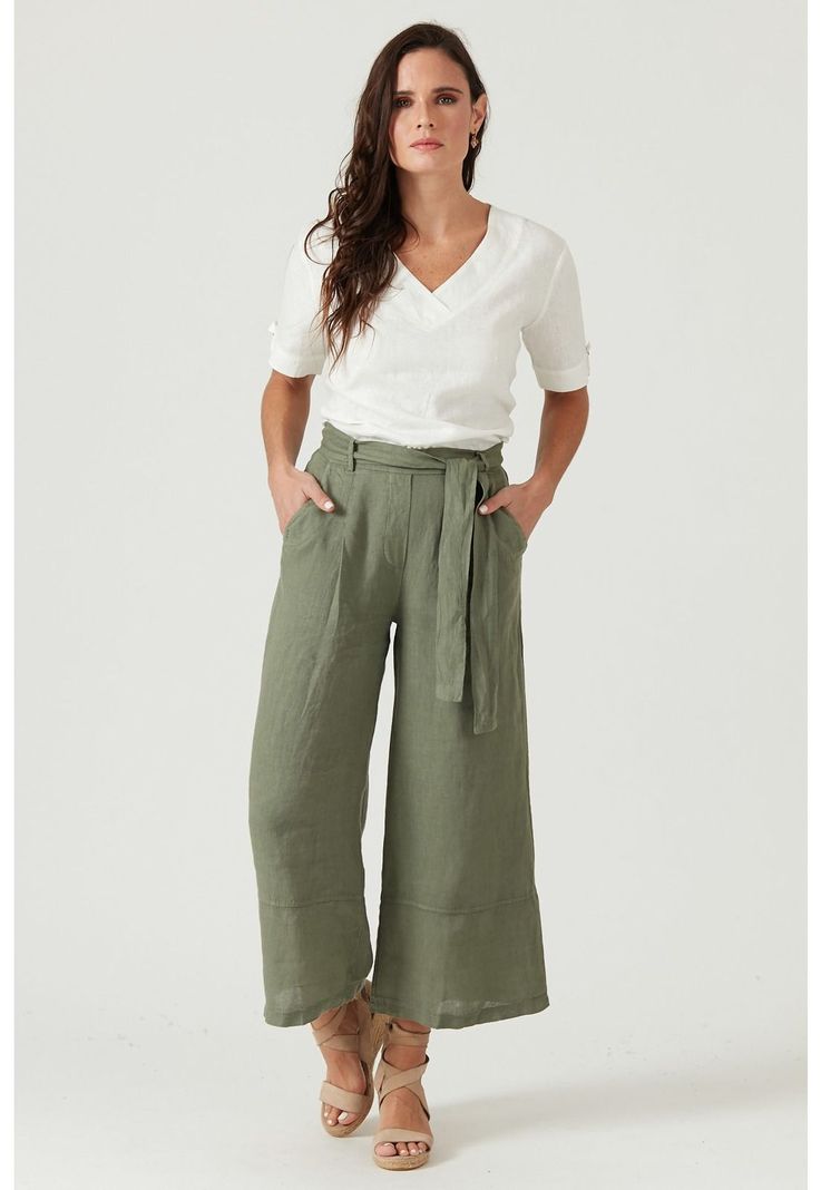 Pantalon de lino slim fit verde militar-0