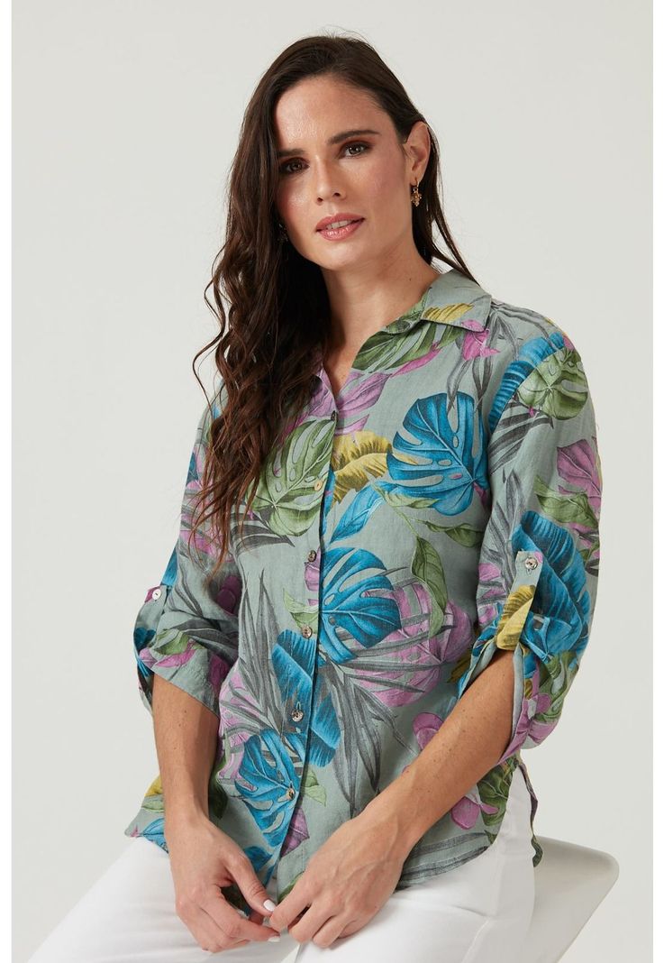 Blusa de lino verde estampada-0