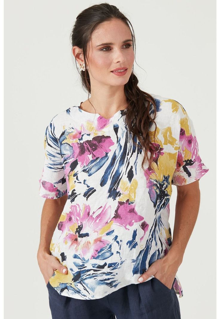 Blusa de lino fucsia estampada-0
