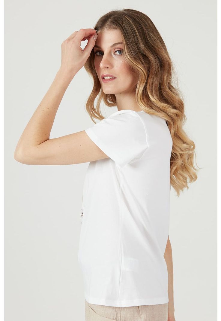 Polera de algodon pima blanca estampada-0
