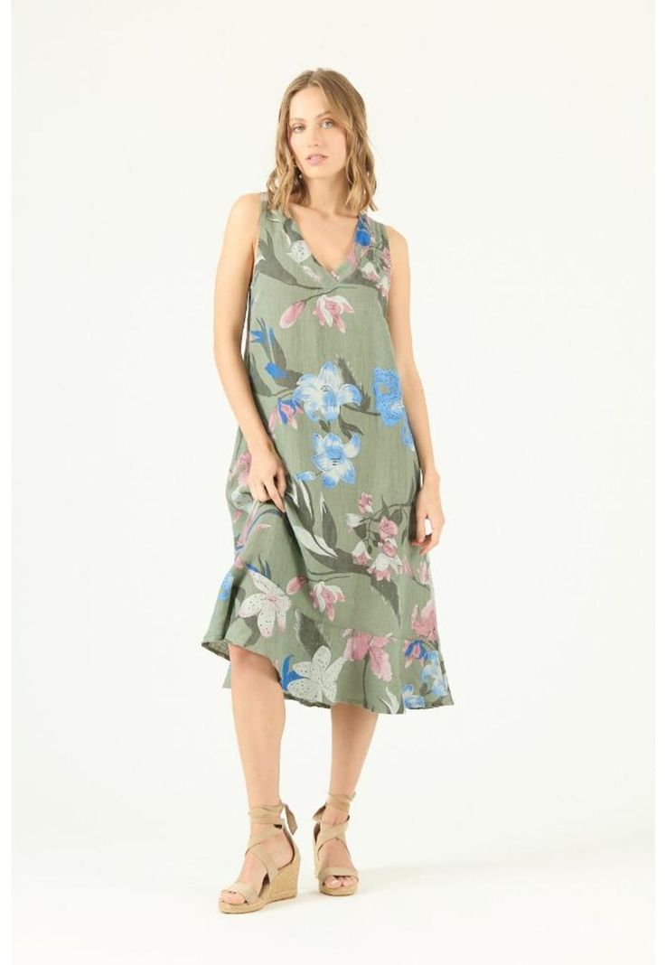 Vestido de lino verde estampado PRIVILEGE 1414-1