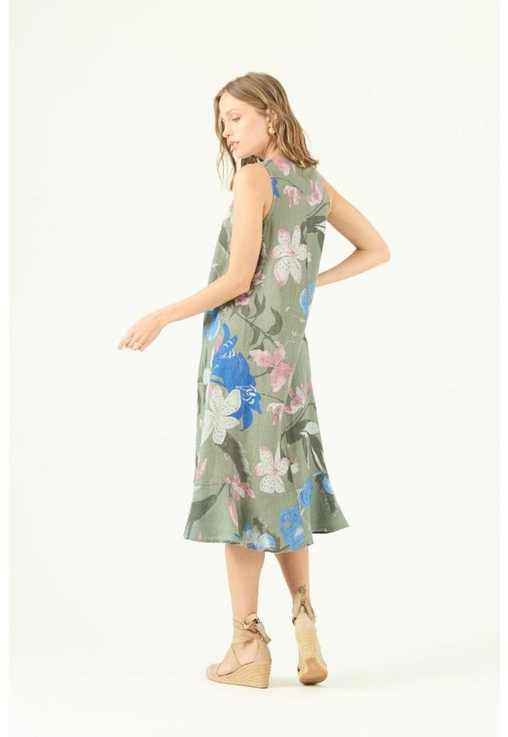 Vestido de lino verde estampado PRIVILEGE 1414-3