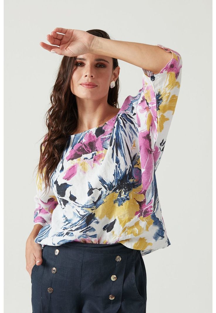 Blusa de lino fucsia estampada-0