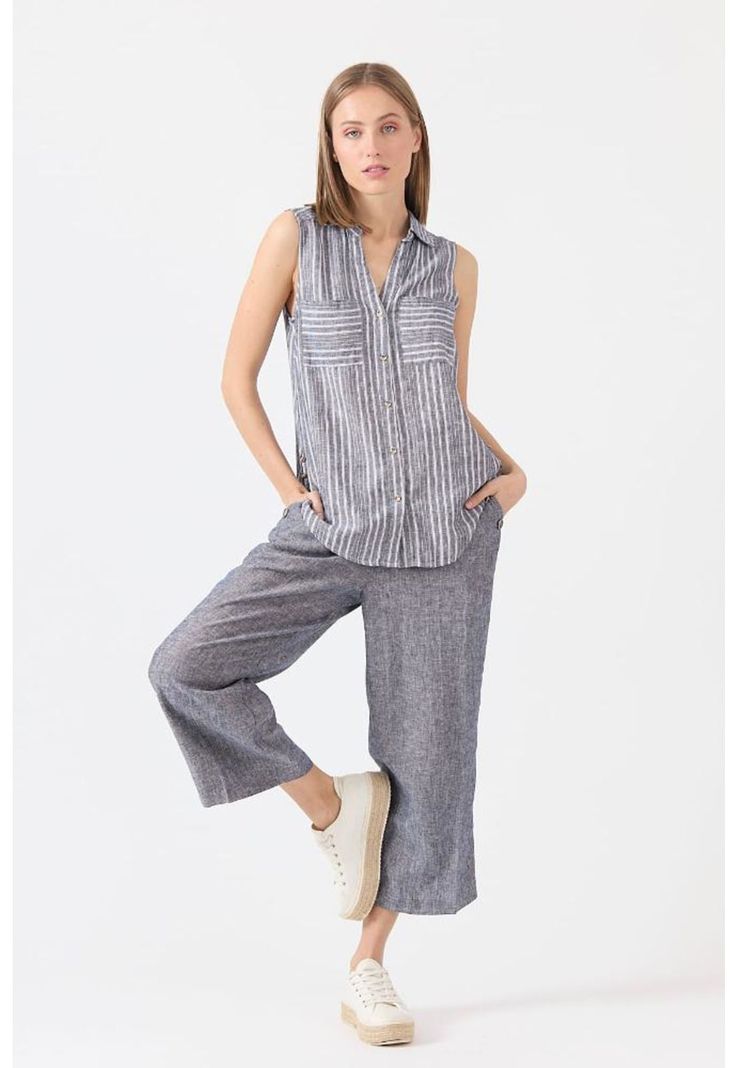Pantalon de lino palazzo azul marino-0