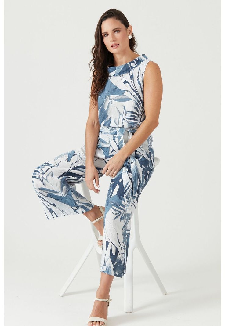 Pantalon de lino wide leg azul estampado-0