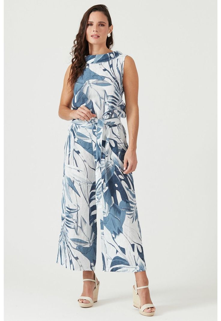 Pantalon de lino wide leg azul estampado-1