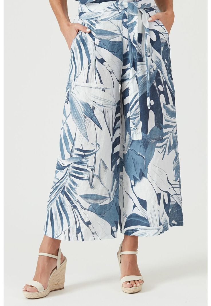Pantalon de lino wide leg azul estampado-2
