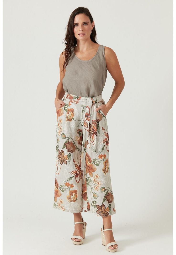 Pantalon de lino wide leg beige estampado-0