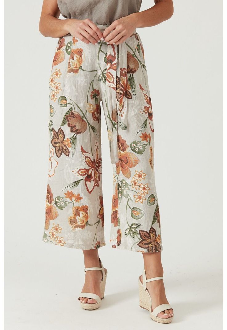 Pantalon de lino wide leg beige estampado-1