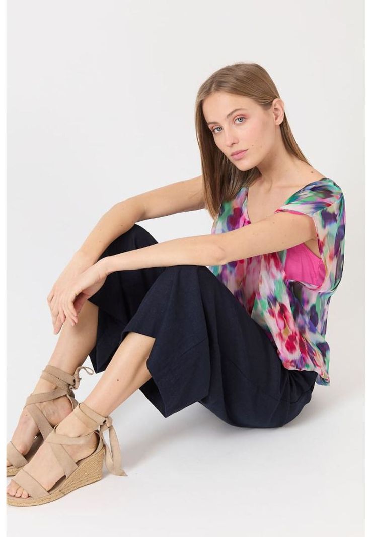 Pantalon con lino palazzo azul marino-0