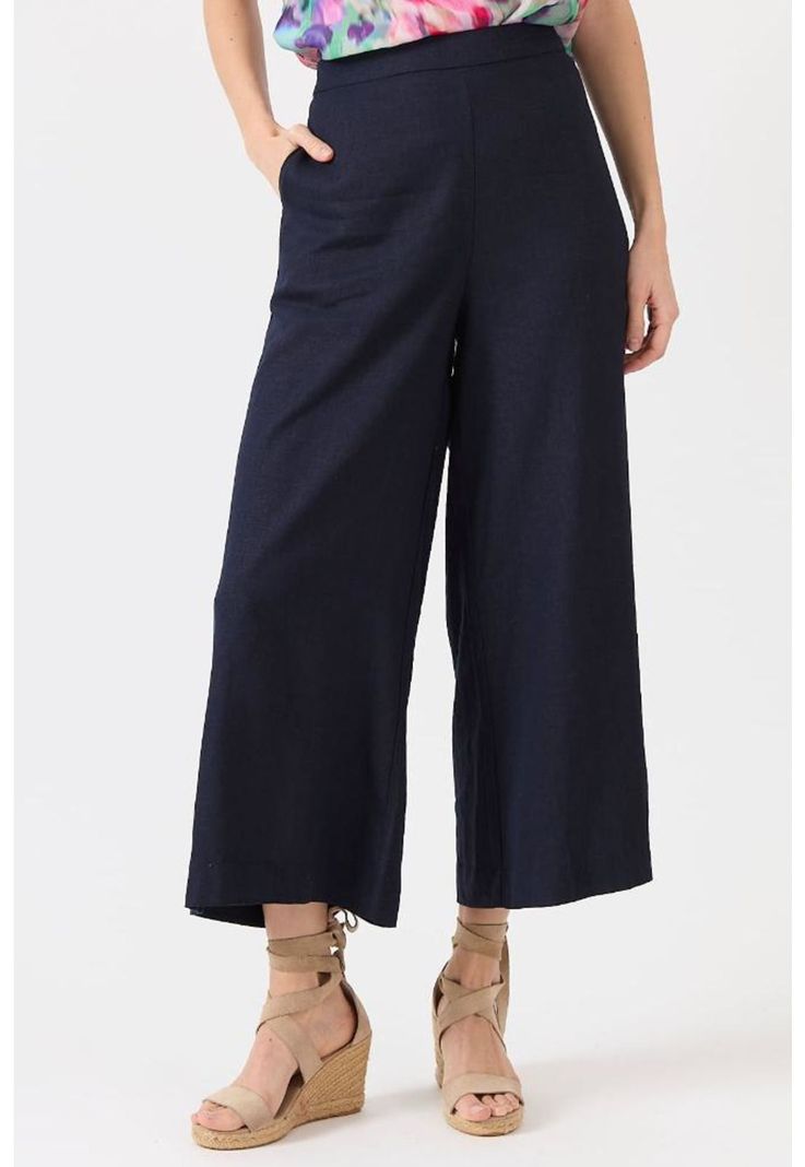 Pantalon con lino palazzo azul marino-1