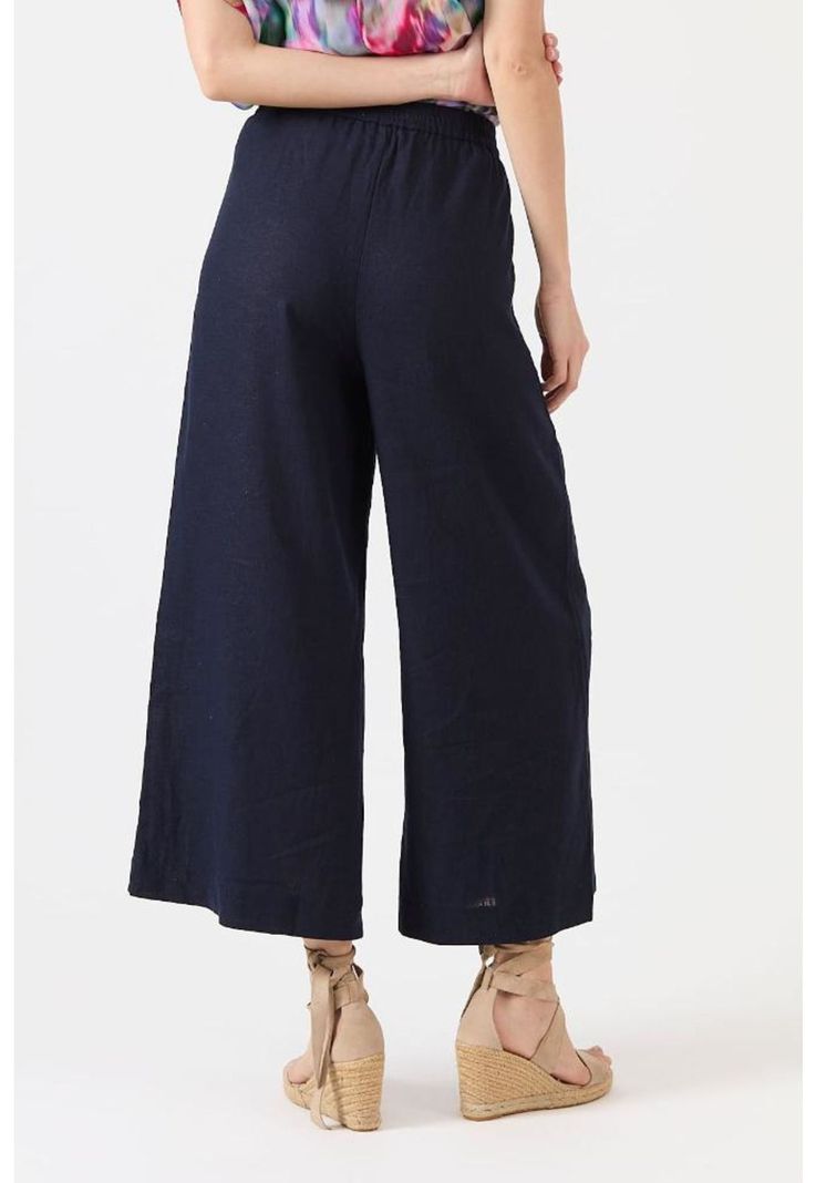 Pantalon con lino palazzo azul marino-3