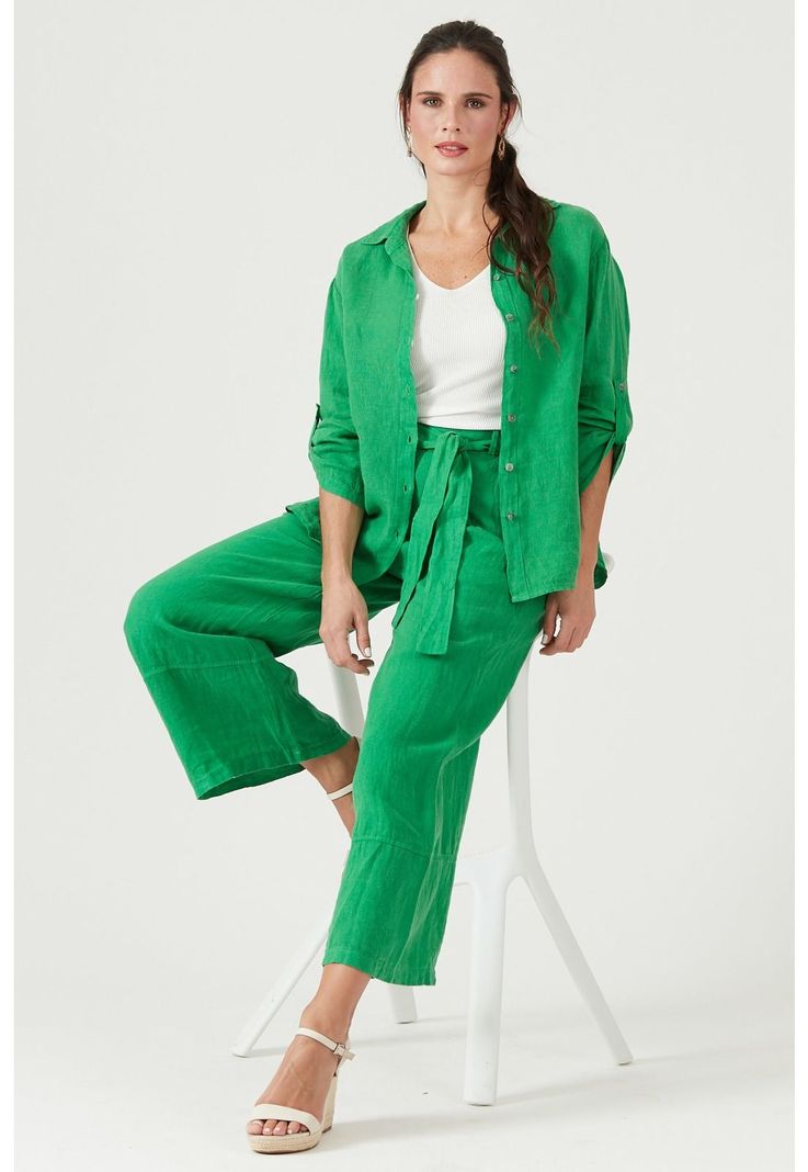 Pantalon de lino slim fit verde esmeralda-0