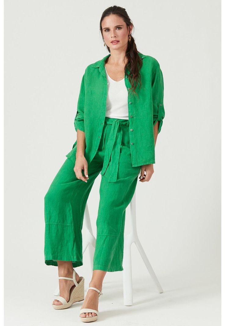 Pantalon de lino slim fit verde esmeralda-1