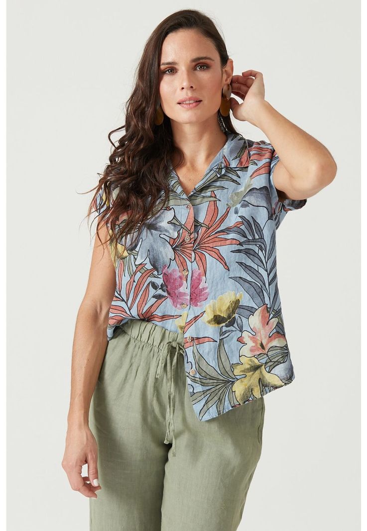 Blusa de lino azul estampada-0