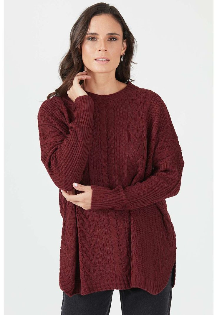 Sweater burdeo diseno trenzas-0