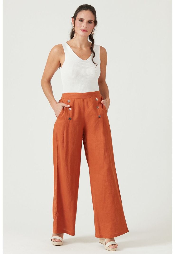 Pantalon de lino wide leg cobre-2