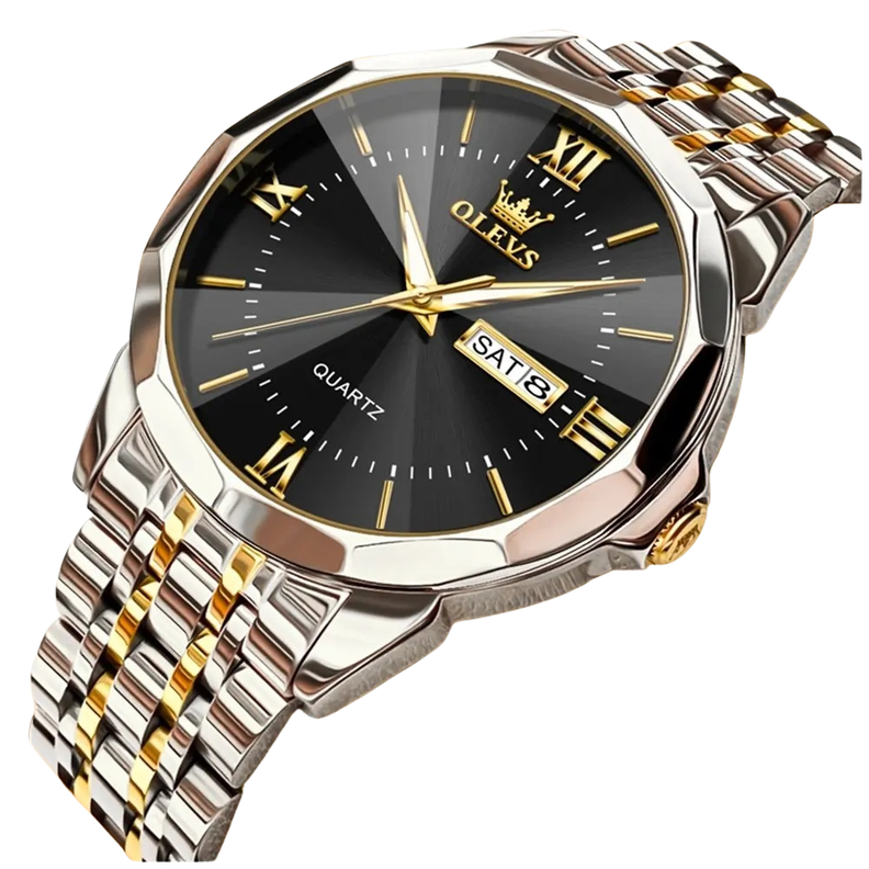 Reloj de Lujo para Hombre Calendario Correa Bicolor Acero Inoxidable Plateado Metalico