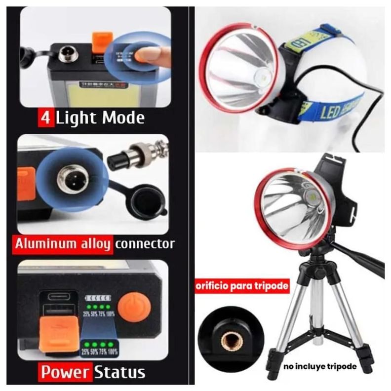 Foco Caza Led Lampara Minera Recargable Largo Alcance-2