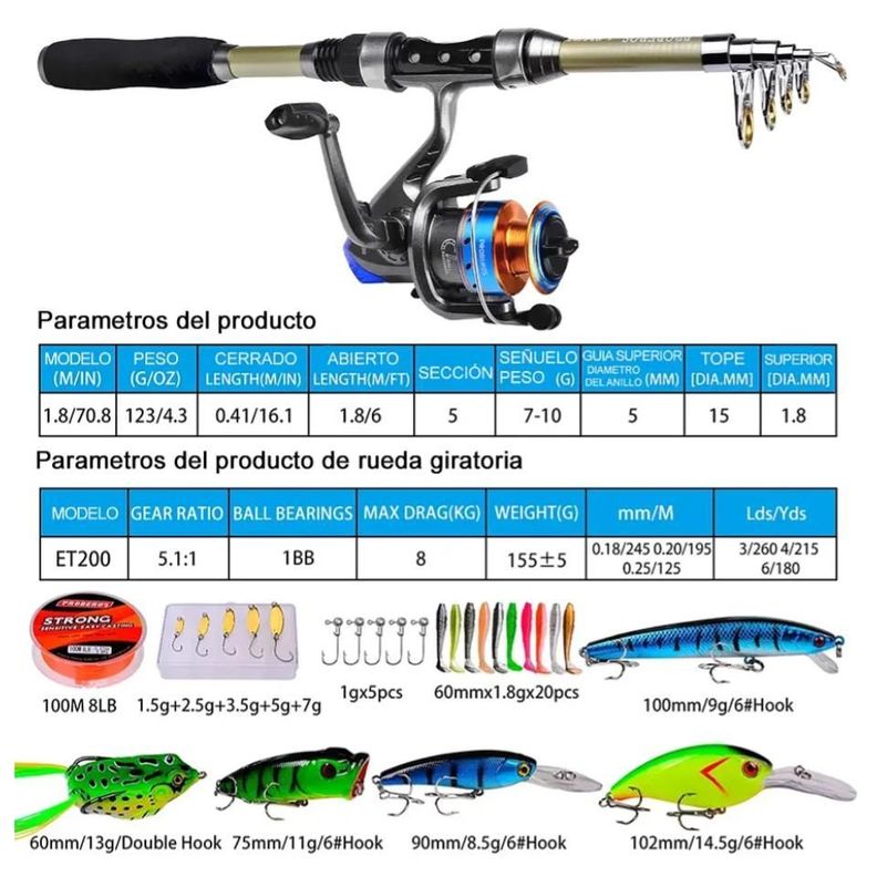 Kit Pesca 1.8m Caña Carrete Señuelo Accesorio Bolsa Completo-2