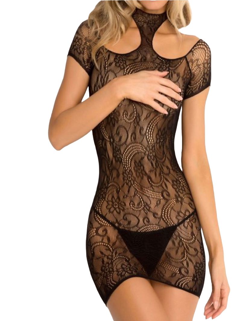 Body Negro de Encaje Floral Elástico S/M-1