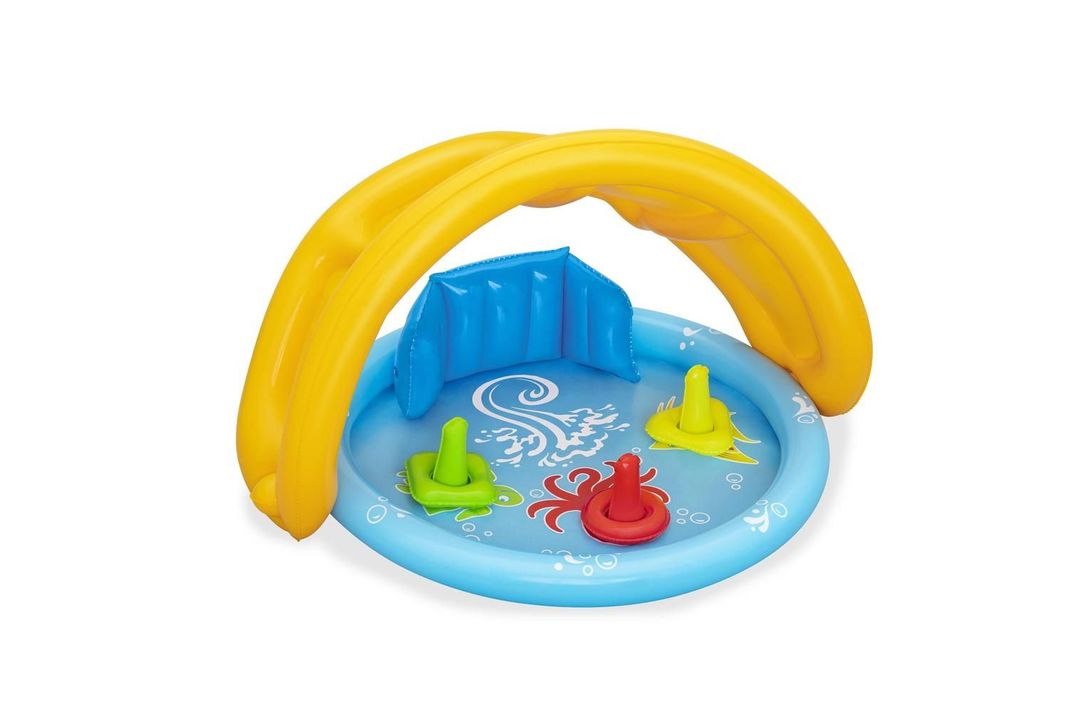 Piscina Inflable Con Techo y Juegos Para Bebes 115x89x76cm Celeste