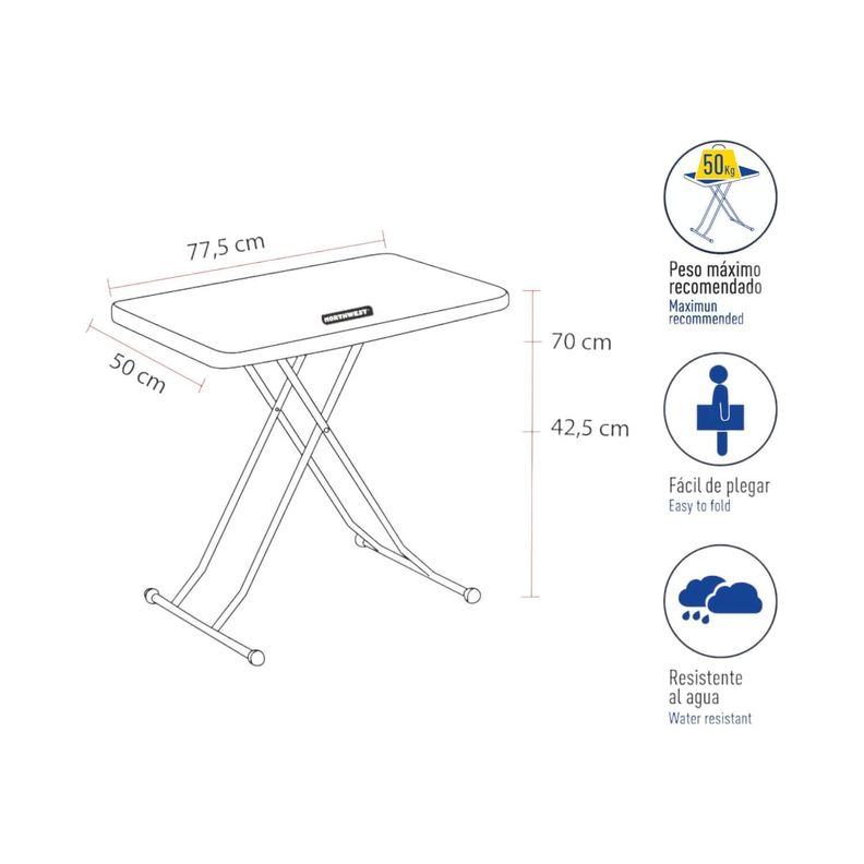 Mesa Plegable Rectangular Ajustable 77.5x50x70 Cms Northwest-1