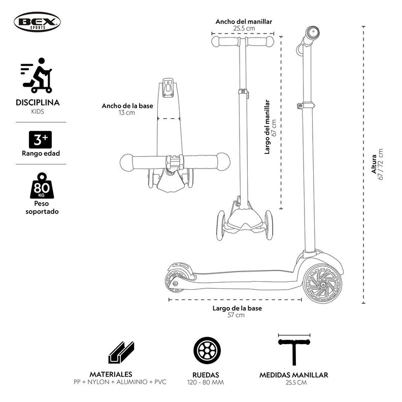 Scooter Monopatin Niño 3 Ruedas Ajustable 63-86 Cms Azul Bex-5