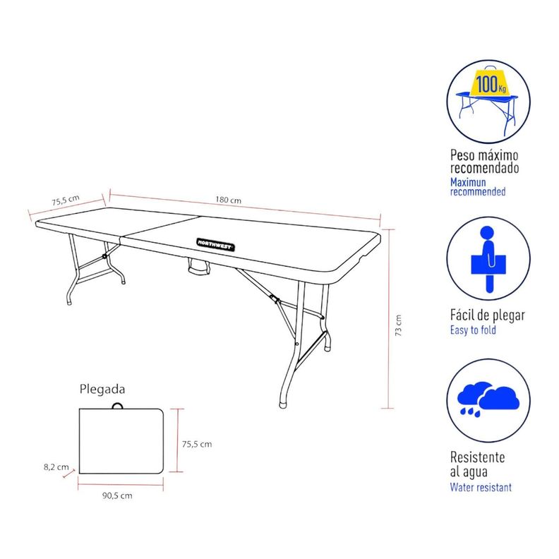 Mesa Plegable Rectangular 180x70x73,5 Cms Blanca Northwest-1