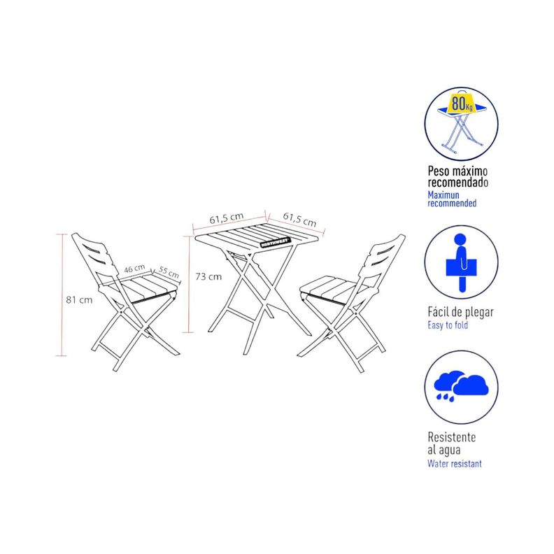 Set 2 sillas + Mesa Cuadrada Plegable 61x73 Café Northwest-1