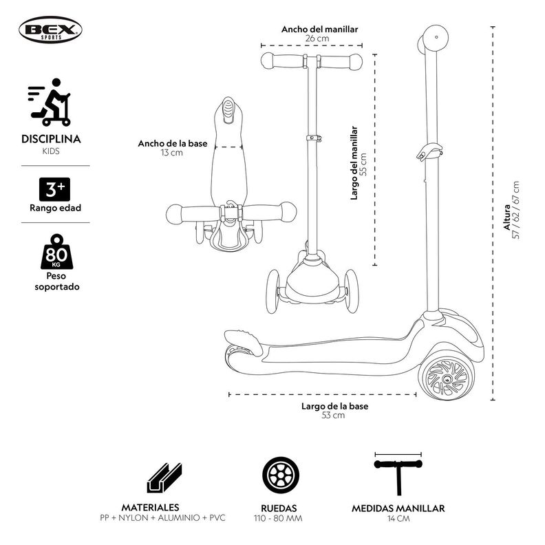 Scooter Monopatin Niño 3 Ruedas Ajustable 50-70Cms Rosa Bex-6