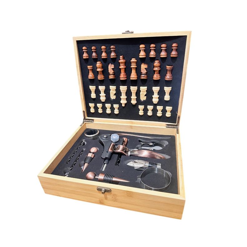 Set Sacacorcho rabit cobrizado con ajedrez, caja madera-0