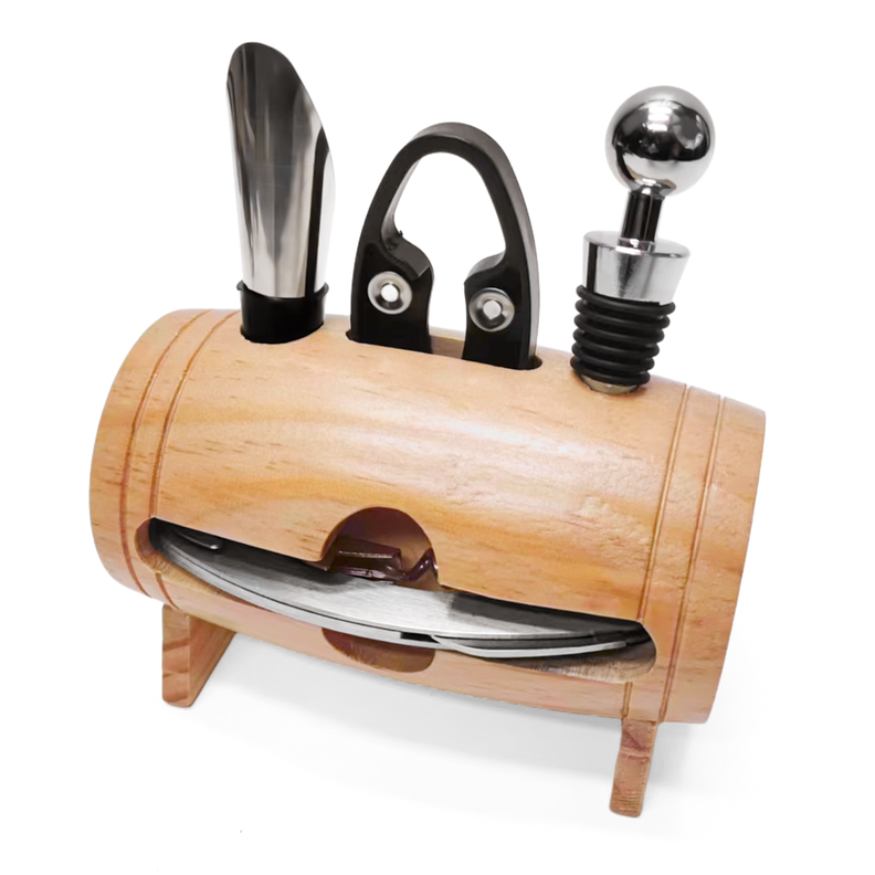 Set sacacorcho barril madera 4 piezas-0