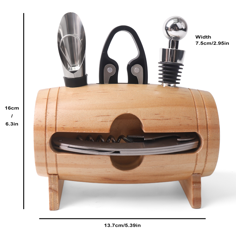 Set sacacorcho barril madera 4 piezas-2