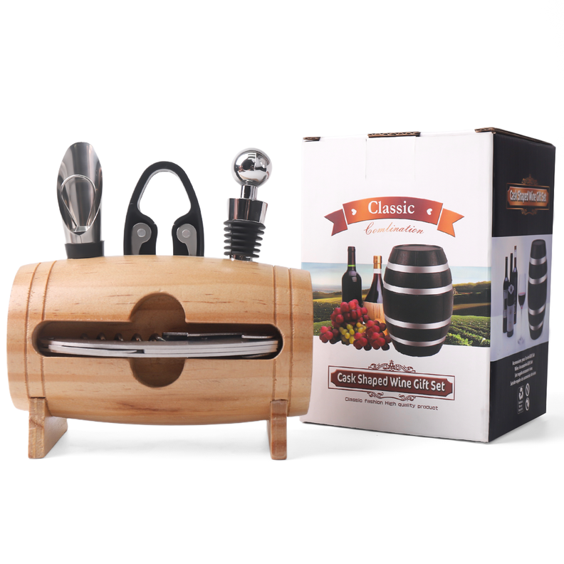 Set sacacorcho barril madera 4 piezas-3