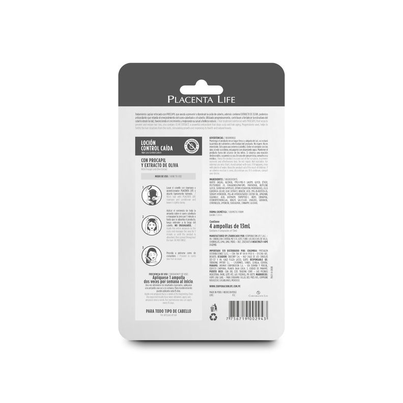 Ampolla Loción Control Caída Placenta Life 13ml, blister X 4unidades -1