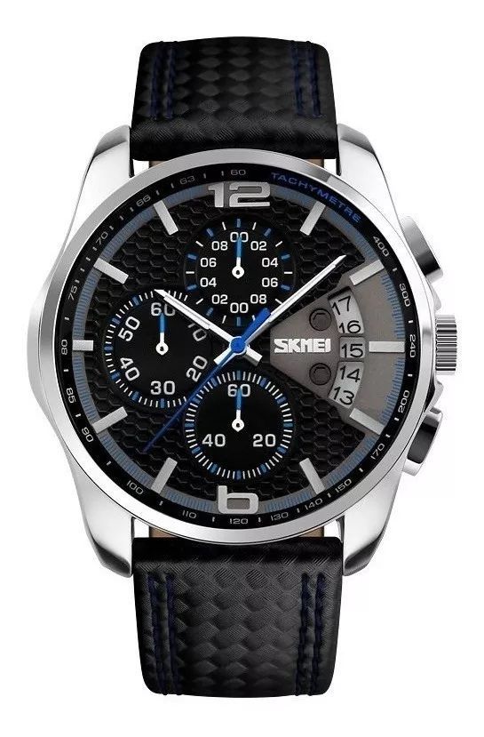 Reloj Hombre Skmei 9106 Cuero Ecologico Malla Azul Y Negro-0