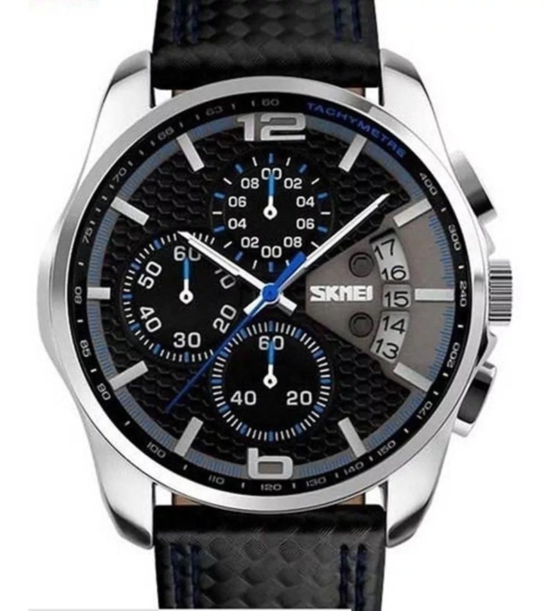Reloj Hombre Skmei 9106 Cuero Ecologico Malla Azul Y Negro-1