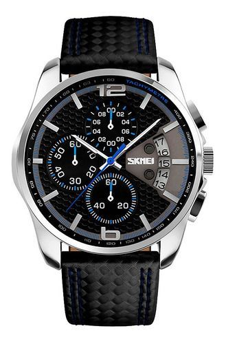 Reloj Hombre Skmei 9106 Cuero Ecologico Malla Azul Y Negro-2