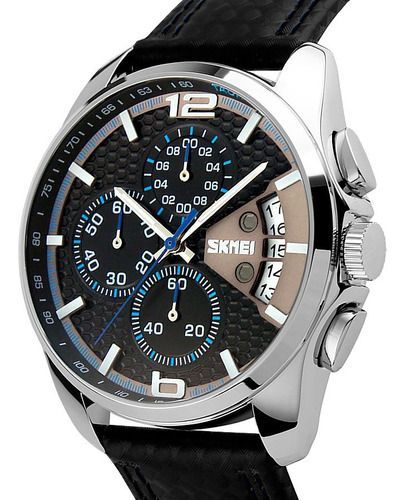 Reloj Hombre Skmei 9106 Cuero Ecologico Malla Azul Y Negro-3