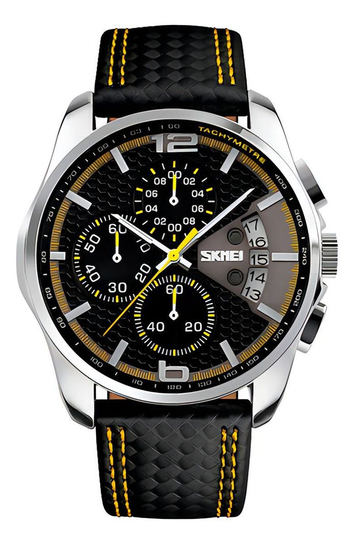 Reloj Hombre Skmei 9106 Cuero Ecologico Malla Amarillo Negro-0