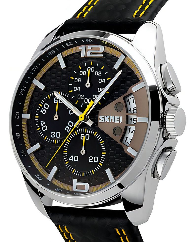 Reloj Hombre Skmei 9106 Cuero Ecologico Malla Amarillo Negro-1