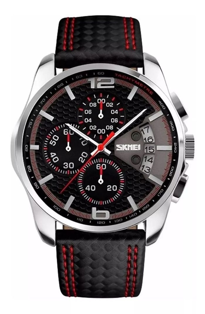 Reloj Hombre Skmei 9106 Cuero Malla Rojo Fondo Negro-0