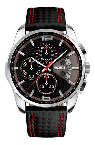 Reloj Hombre Skmei 9106 Cuero Malla Rojo Fondo Negro-2